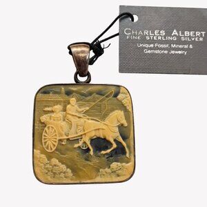 Charles Albert Sterling Silver Horse & Carriage Scene Carved Cameo Pendant
